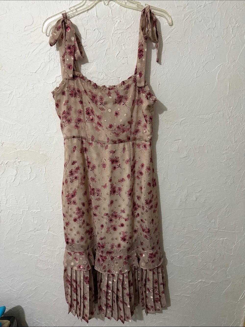 Lulu's Beige Midi Dress with Rose Print and Tie Shoulders